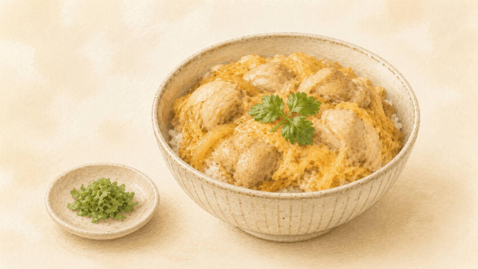Oyakodon in a bowl — soft-set egg and chicken pieces over rice, with mitsuba and nori garnish