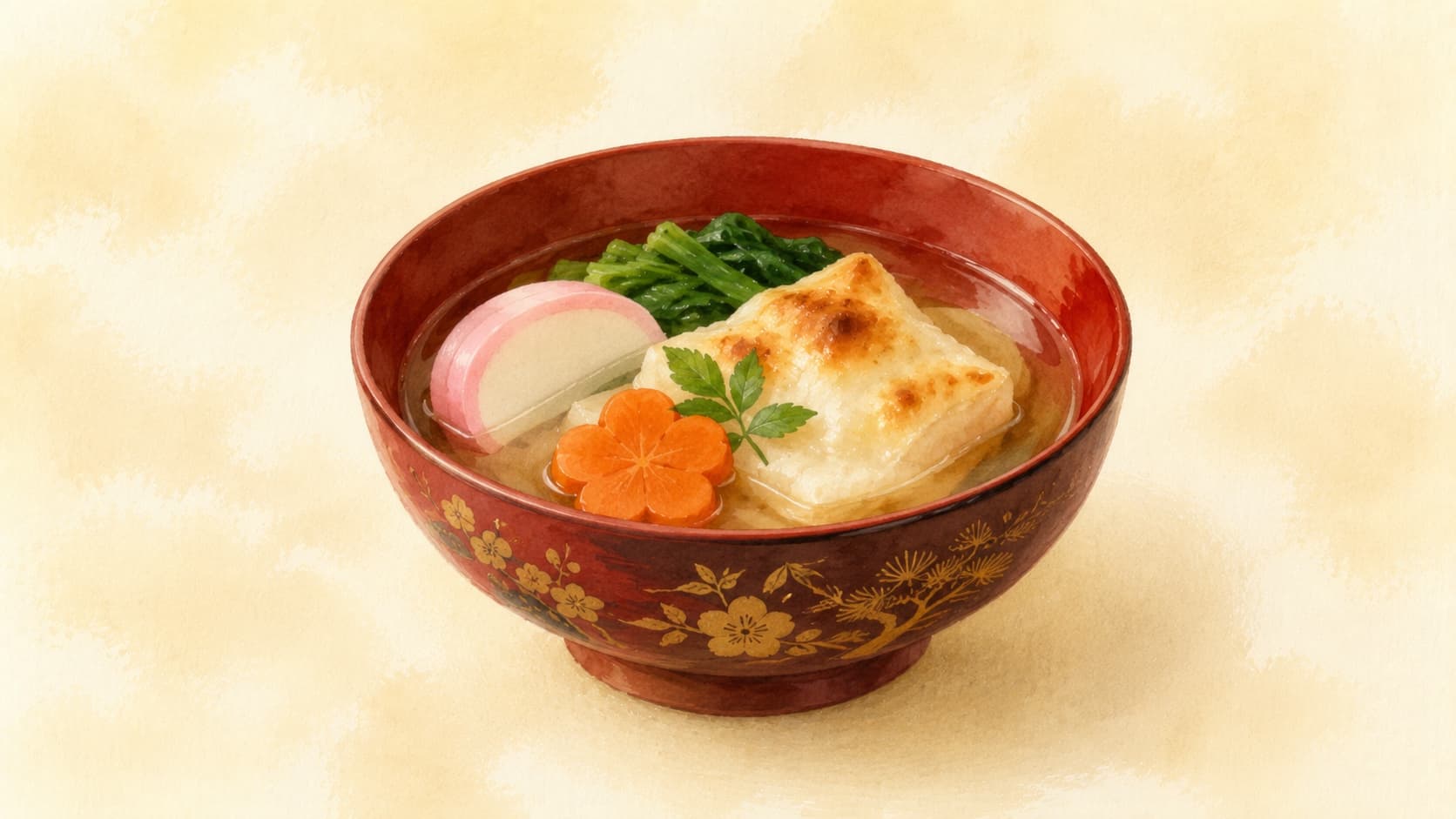 A bowl of ozoni featuring mochi, vegetables, and clear broth.