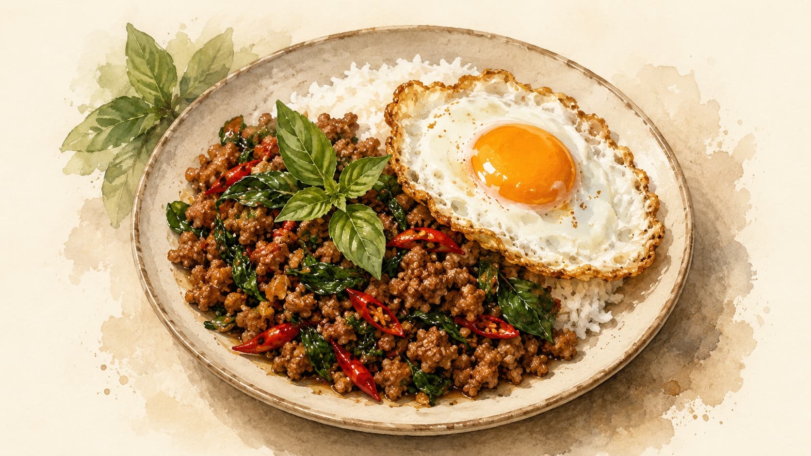 A vibrant plate of Pad Krapao featuring minced meat and green basil.