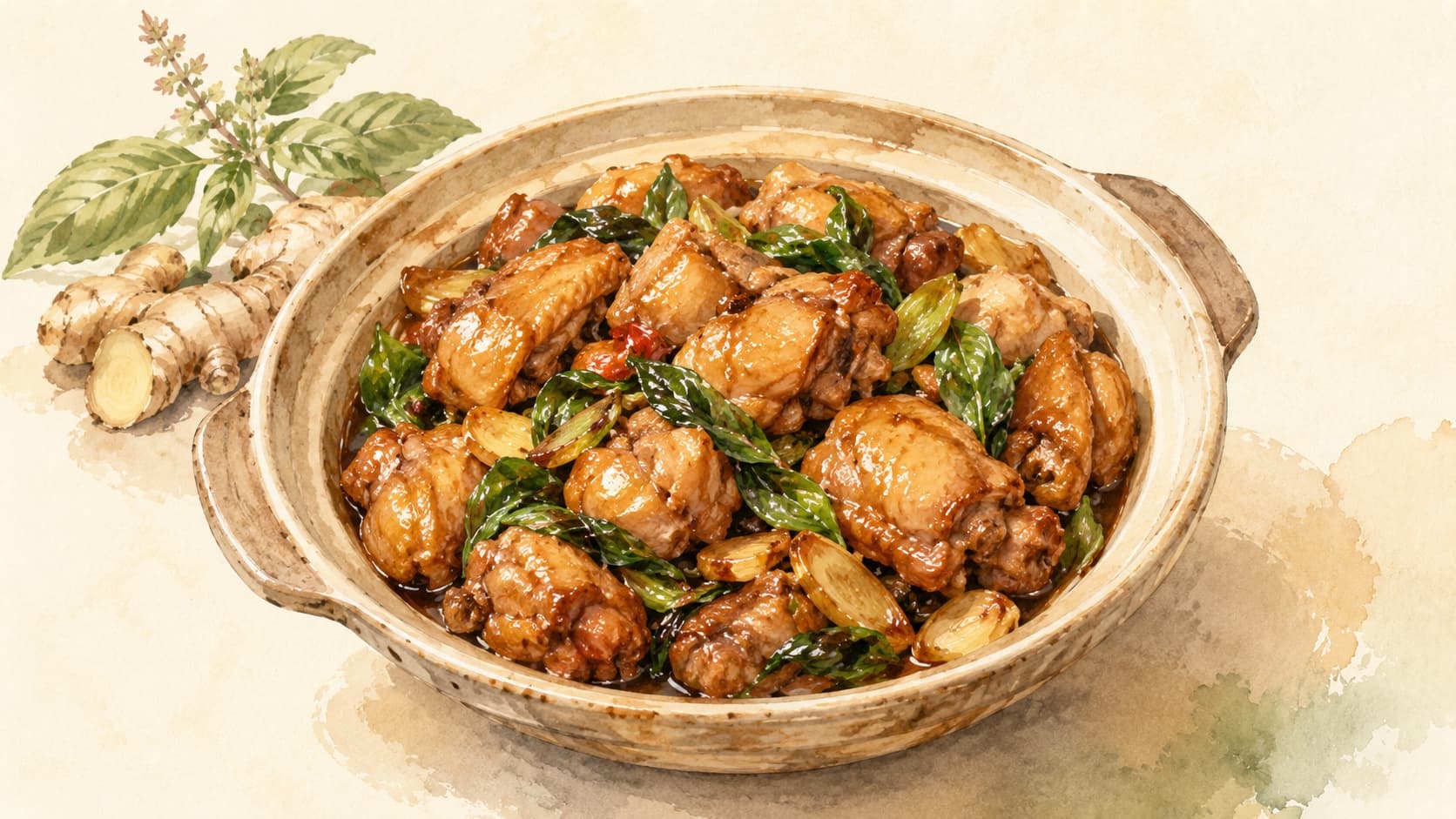 A vibrant bowl of Pad Krapow Gai topped with a fried egg and fresh basil leaves.