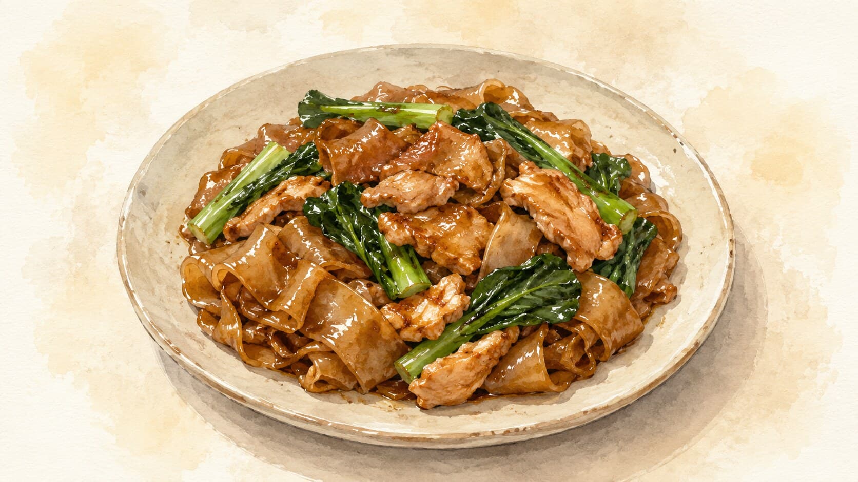 A vibrant watercolor illustration of a single dish of Pad See Ew with wide rice noodles, vegetables, and proteins.