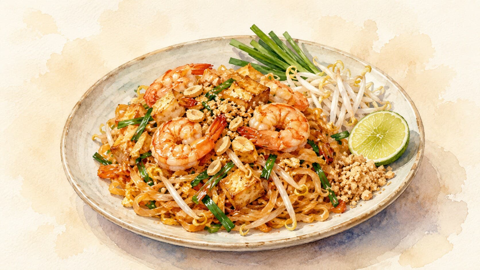 A colorful plate of Pad Thai with shrimp and lime.