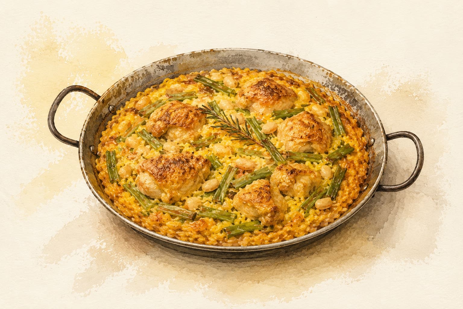 A vibrant paella showcasing saffron rice with fresh vegetables and seafood.