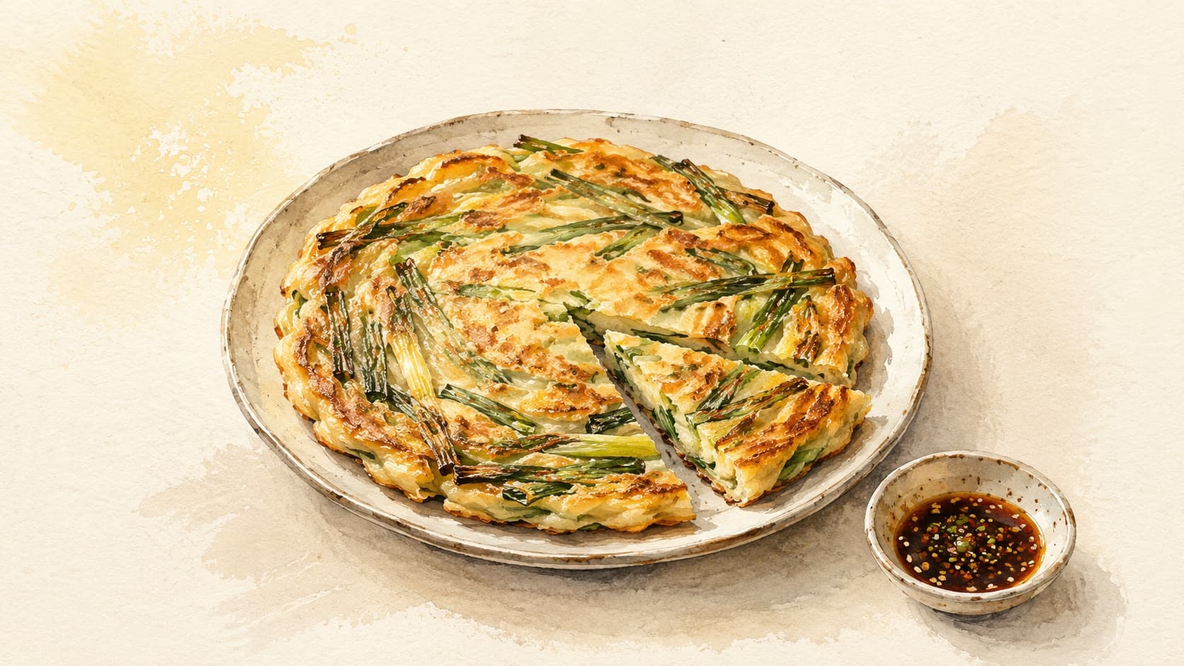 A golden-brown pancake filled with green onions and seafood.