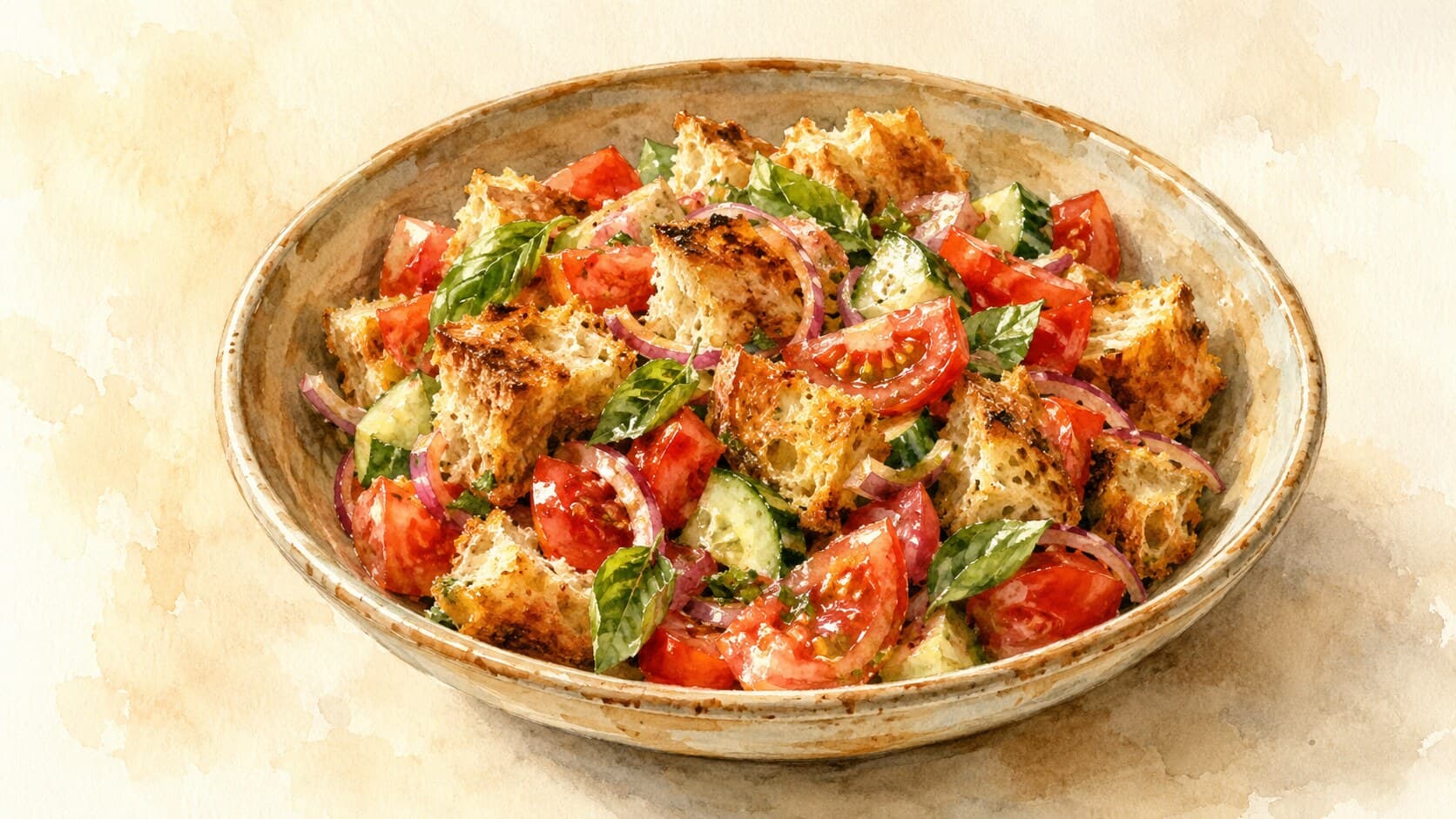 A vibrant panzanella salad featuring colorful tomatoes and bread pieces on a rustic plate.