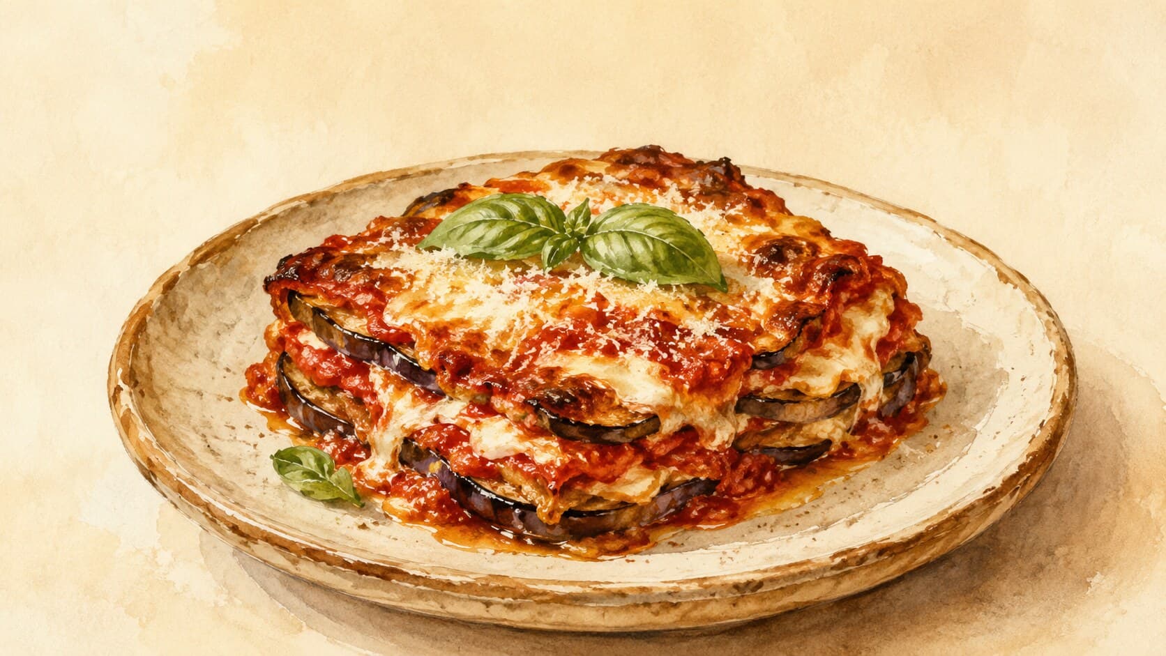 A beautifully layered parmigiana di melanzane with golden melted cheese on top.