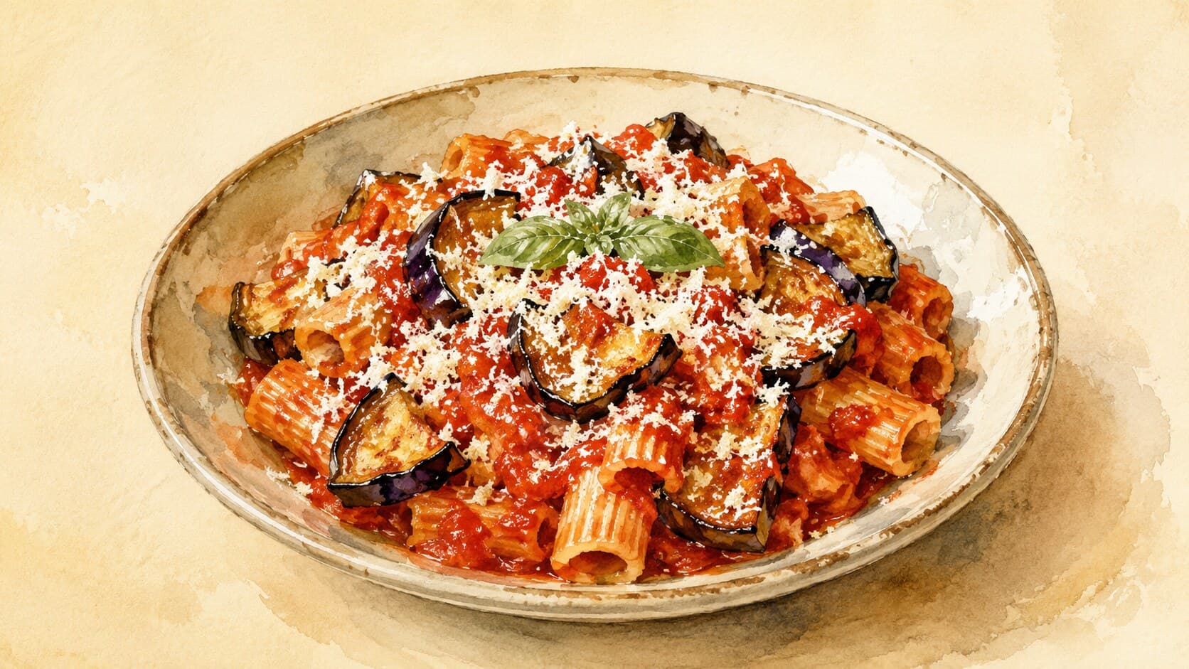 A watercolor illustration of rigatoni with eggplant chunks, tomato sauce, basil, and grated ricotta salata.