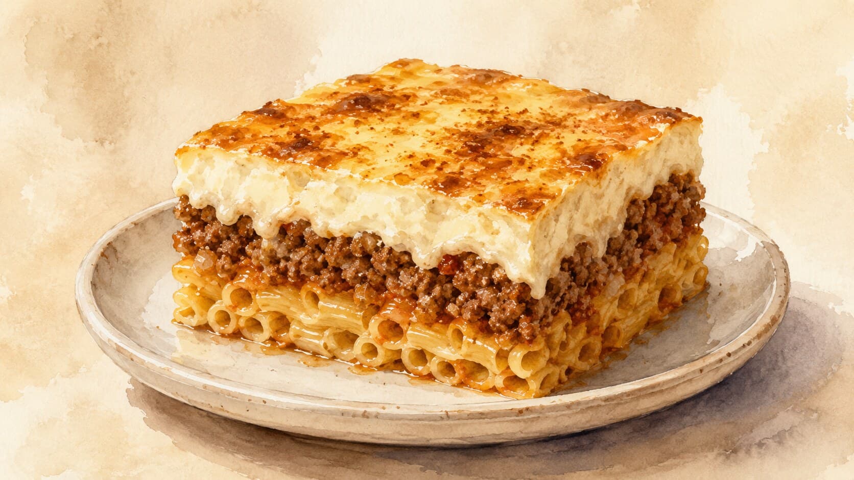 A cross-section of pastitsio showcasing pasta tubes, lamb ragù, and a golden-brown bechamel layer.