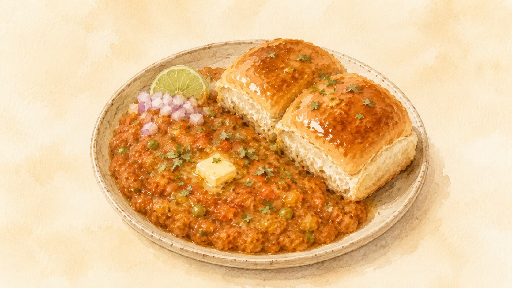 A vibrant dish of mashed vegetable curry topped with butter and accompanied by toasted buns.
