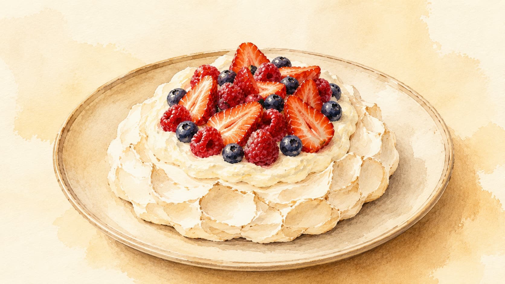 A beautiful pavlova topped with colorful fresh fruits and whipped cream.