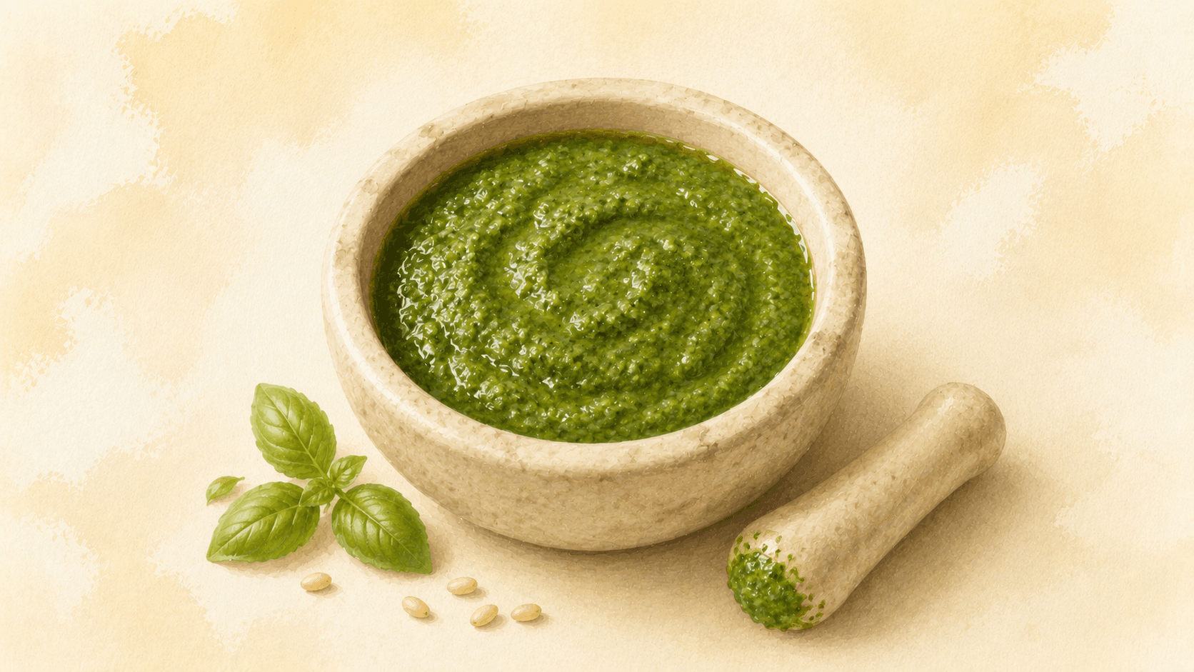 Pesto in a marble mortar — bright green sauce with a rough, chunky texture, basil leaves and pine nuts visible