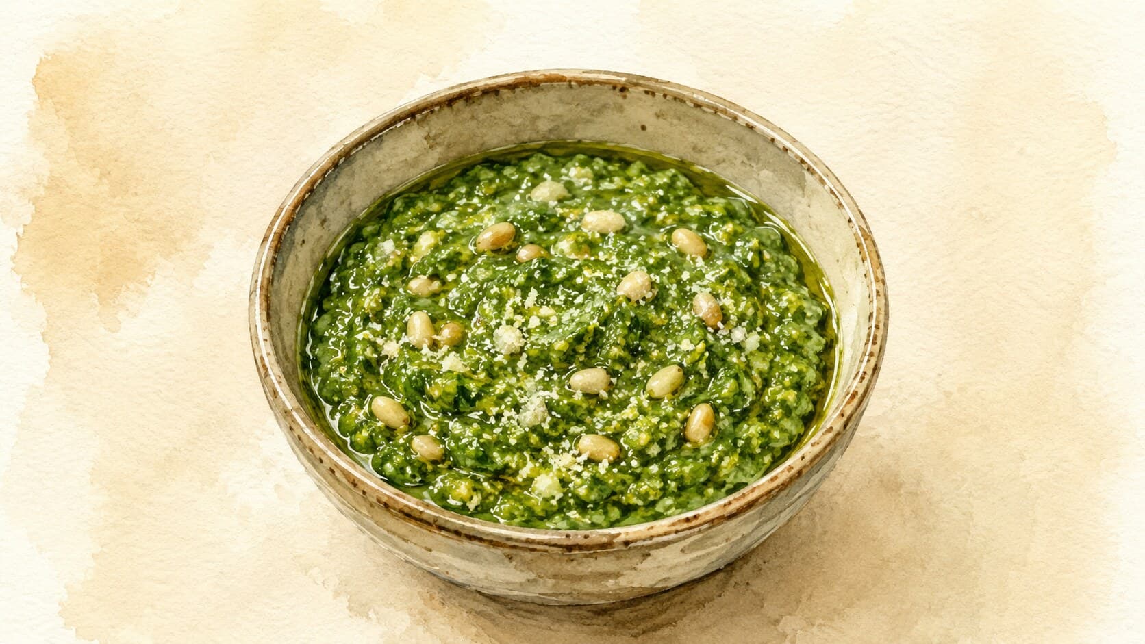 A vibrant bowl of Pesto Alla Genovese with fresh basil leaves and pine nuts scattered around.