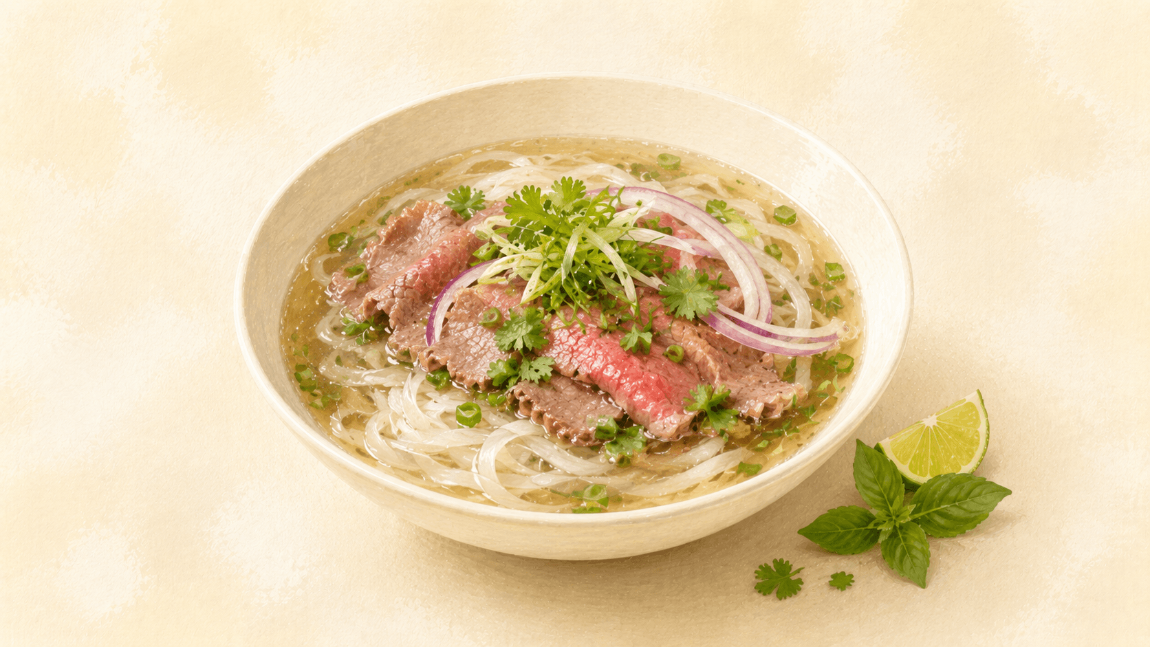 A deep white bowl of clear amber pho broth with thin slices of beef, rice noodles, fresh herbs, and a lime wedge on the rim