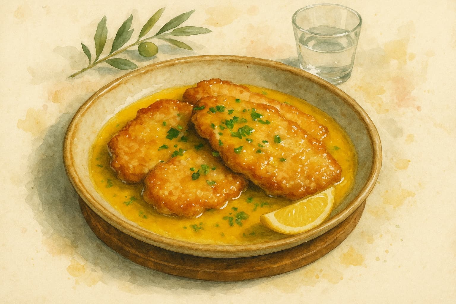 Tender veal cutlets drenched in a vibrant lemon-caper sauce.
