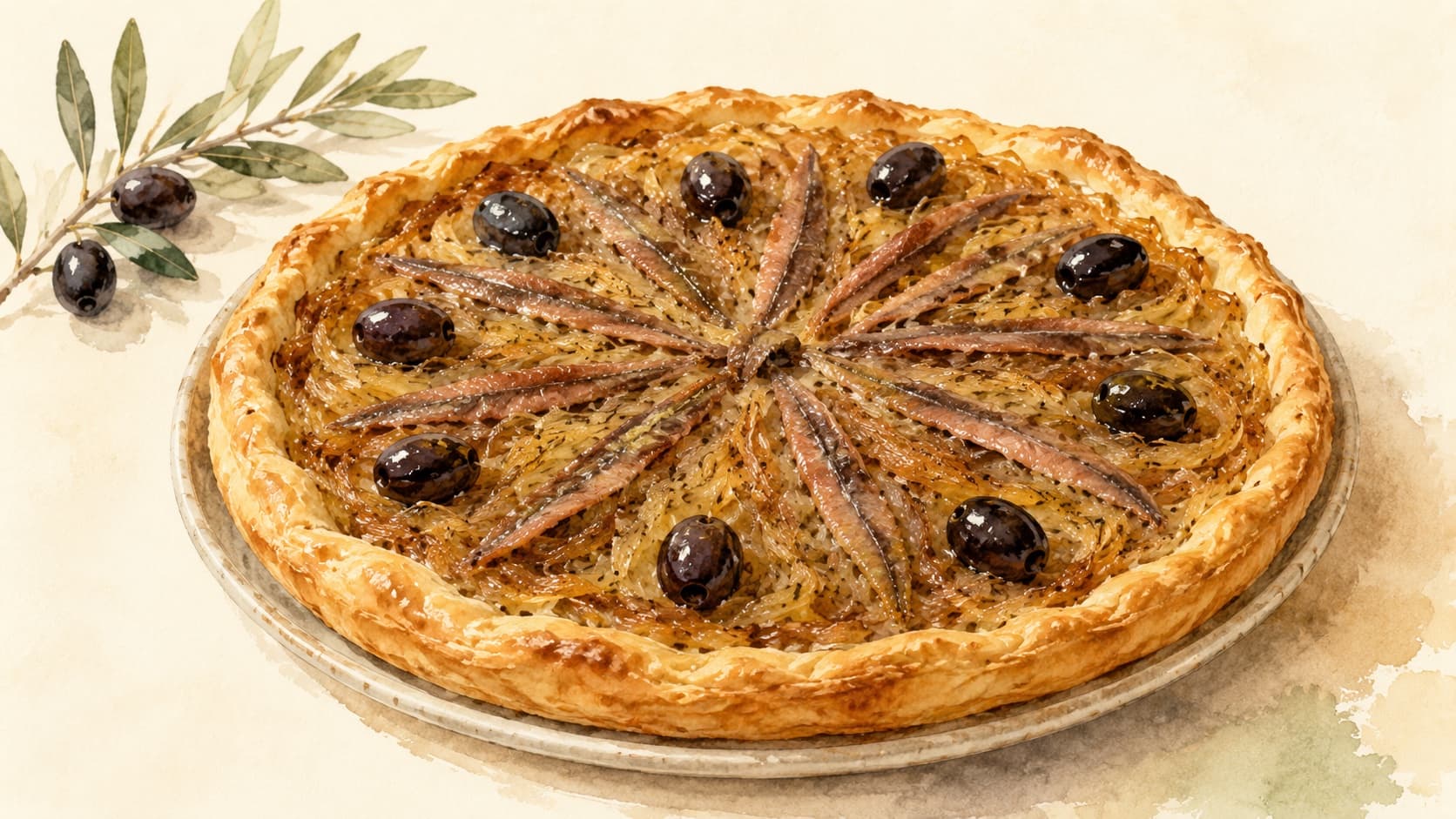 A beautifully crafted Pissaladière showcasing golden caramelized onions and black olives on a pastry crust.