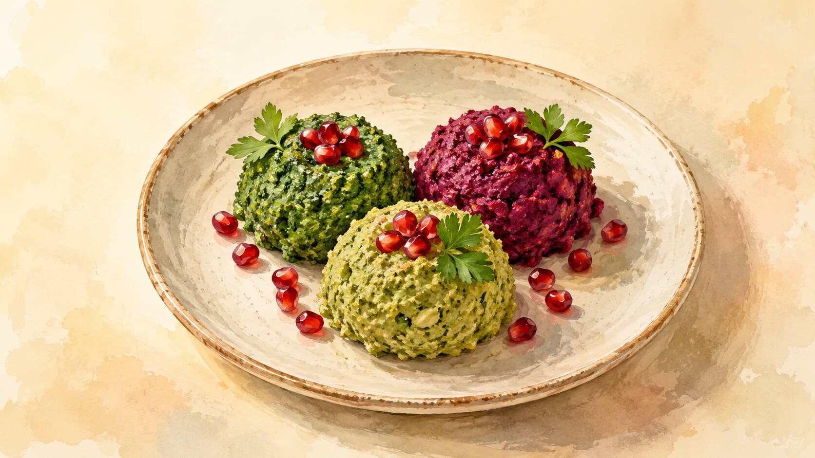 Three colorful mounds of spinach, beet, and bean spreads, each topped with pomegranate seeds.