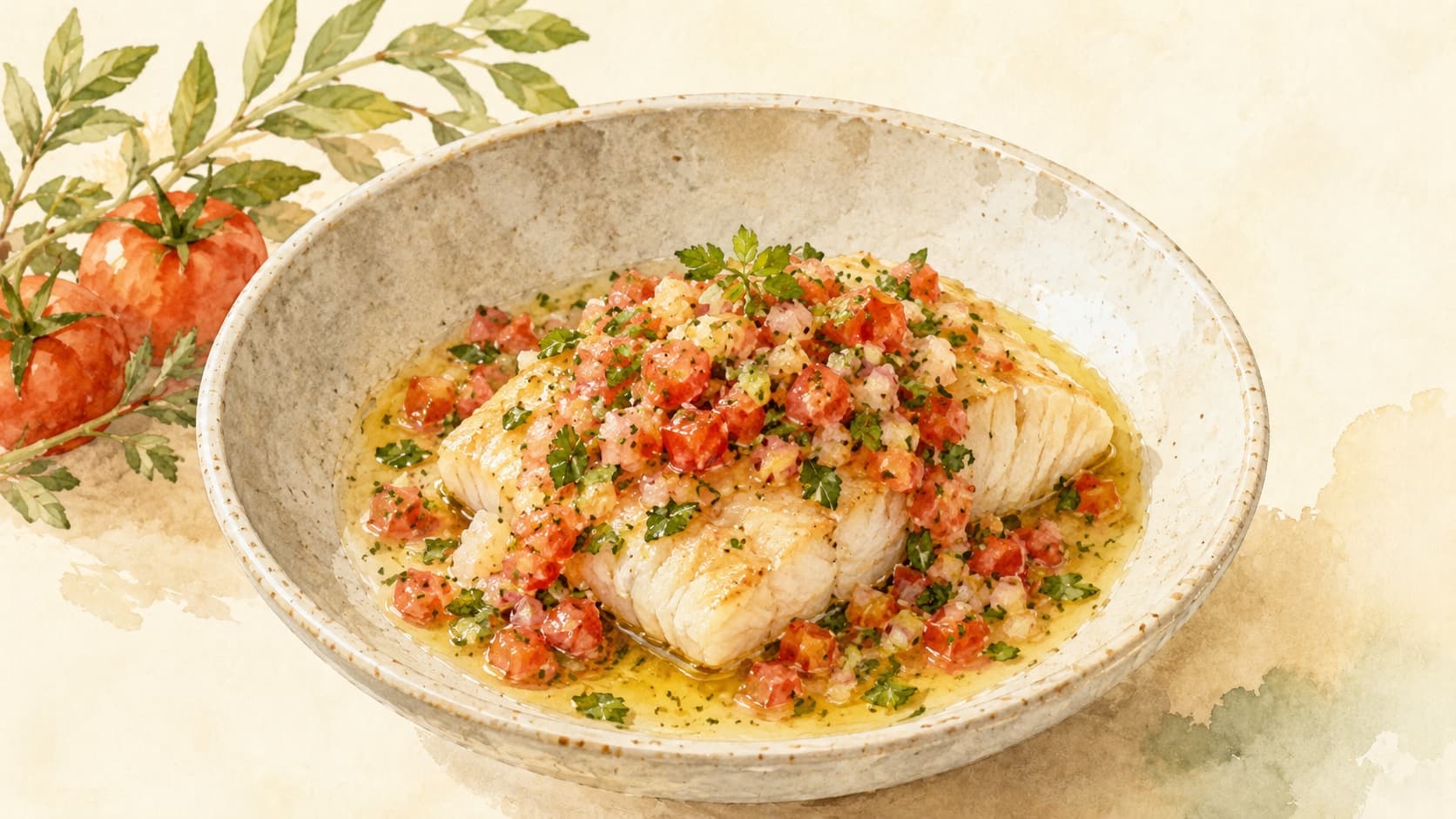 A beautifully plated white fish fillet garnished with fresh herbs and a colorful sauce.