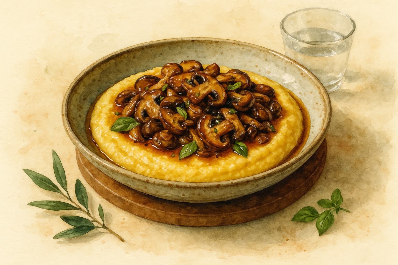 A creamy bowl of polenta topped with sautéed mushrooms.