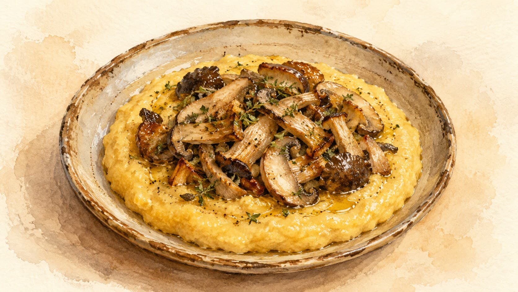 Creamy yellow polenta topped with sautéed wild mushrooms and fresh thyme.
