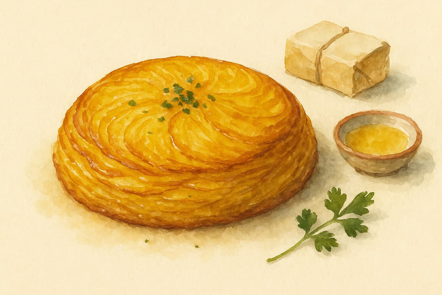 A beautifully arranged dish of Pommes Anna, showcasing golden, crispy potato layers in a round shape.