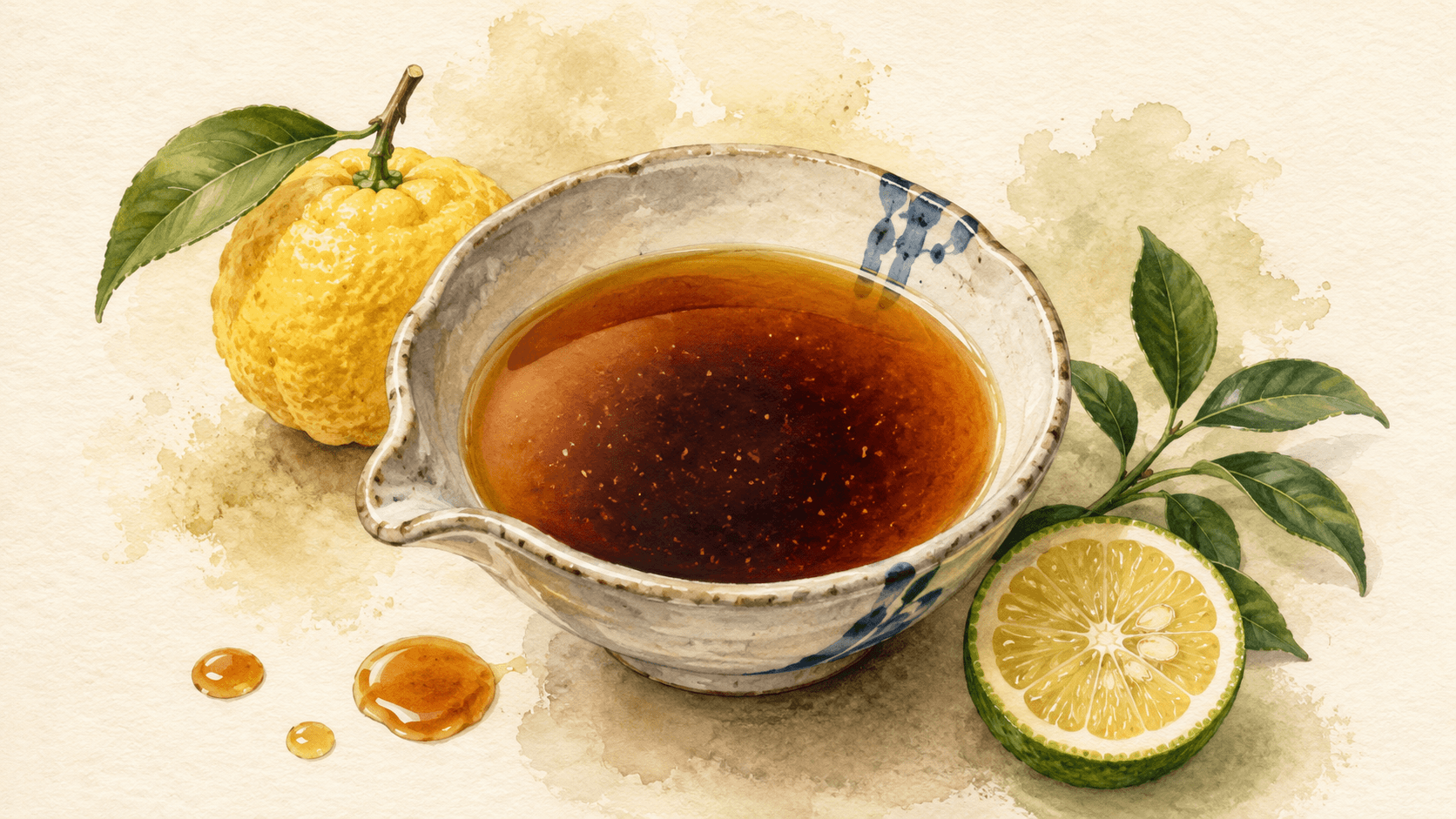 A small clear glass bottle of dark amber ponzu beside a halved yuzu on a ceramic plate, dashi-kombu visible behind