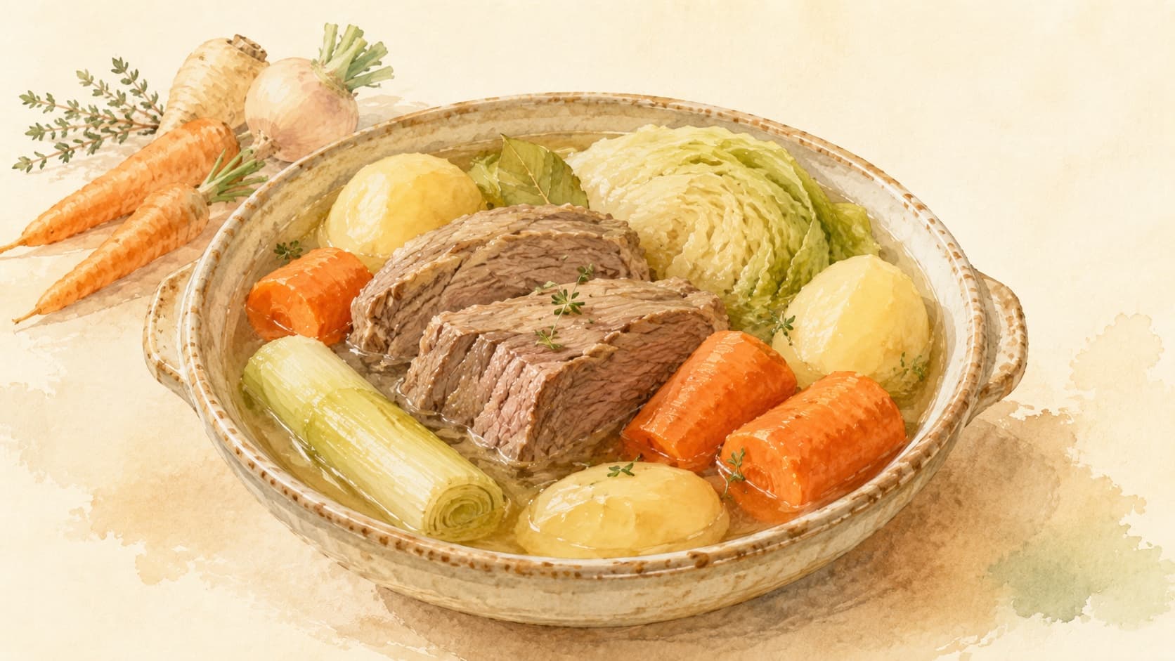 A beautifully arranged bowl of Pot-au-Feu showcasing tender beef, carrots, and potatoes in a hearty broth.