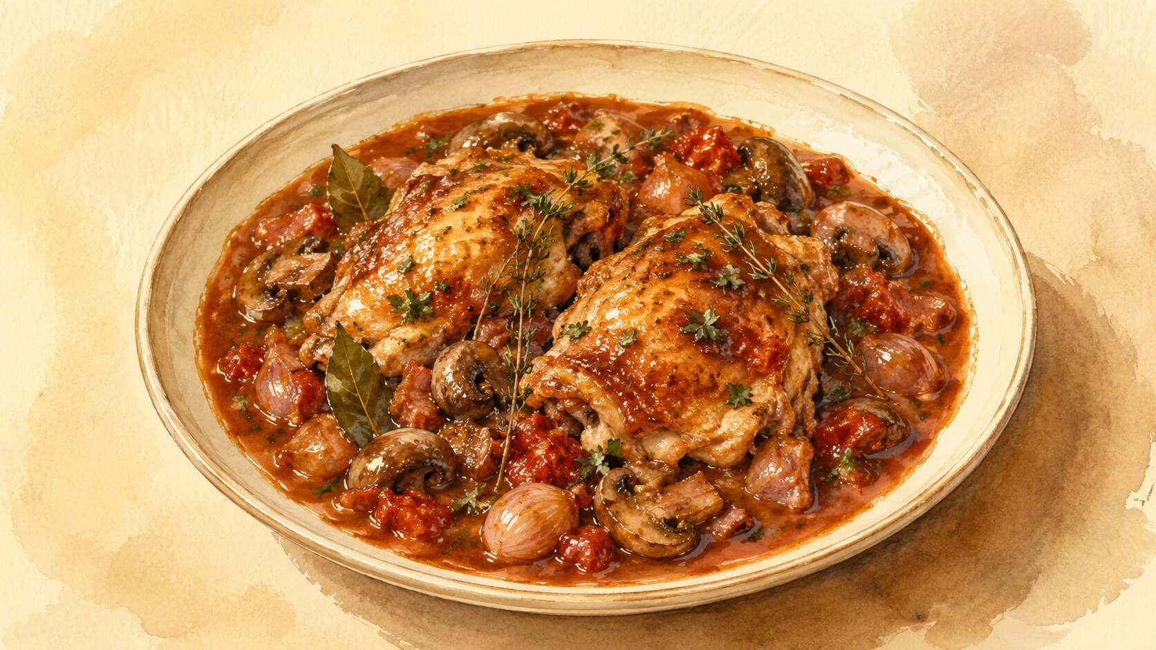 Bone-in chicken pieces in a glossy tomato-tinged sauce with mushrooms and shallots in a wide French pan.