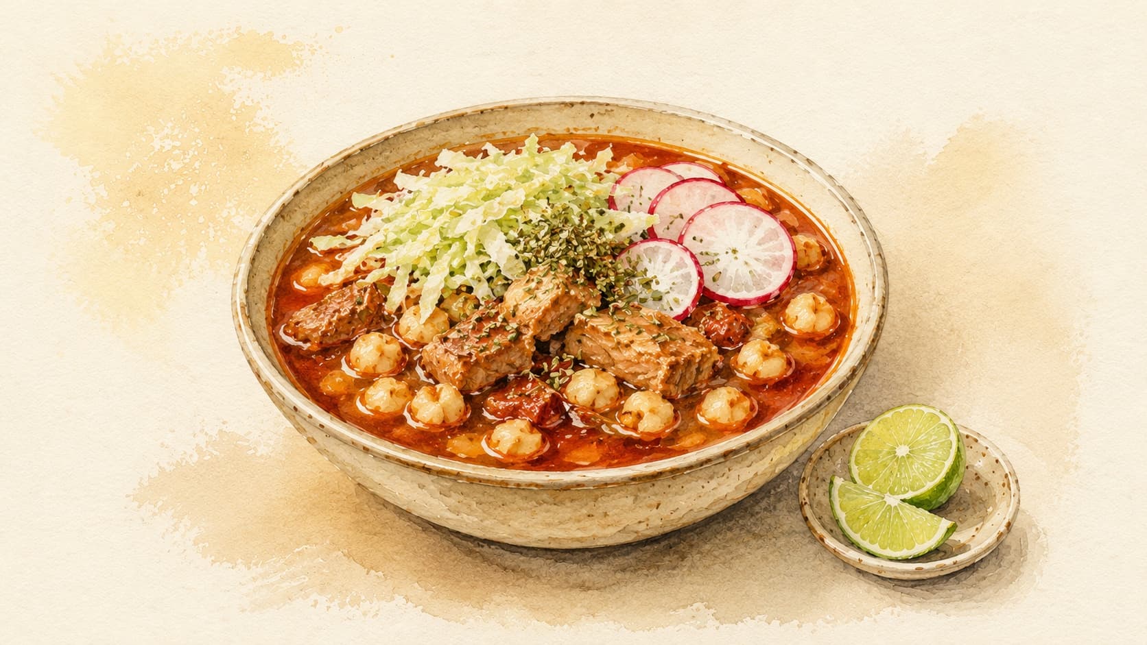 A vibrant bowl of pozole garnished with fresh herbs and lime.