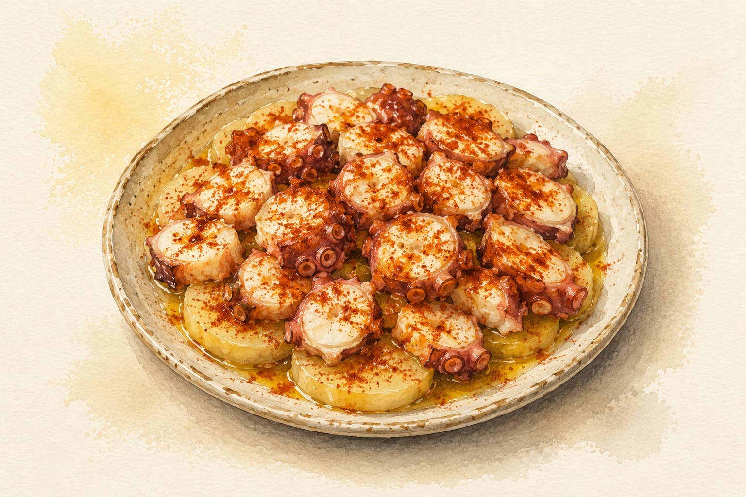 Tender octopus slices garnished with paprika and olive oil on a wooden plate.
