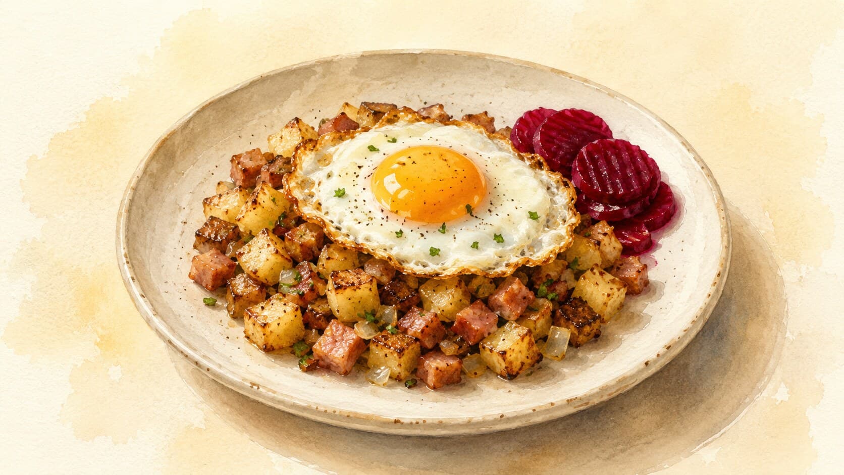 A colorful dish of diced potatoes, sausage, onions, and a fried egg, garnished with pickled beet slices.