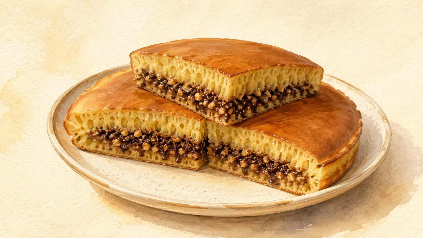 A plate of golden half-moon stuffed pancakes glistening with syrup, with visible pistachio-crumb at the open ends.