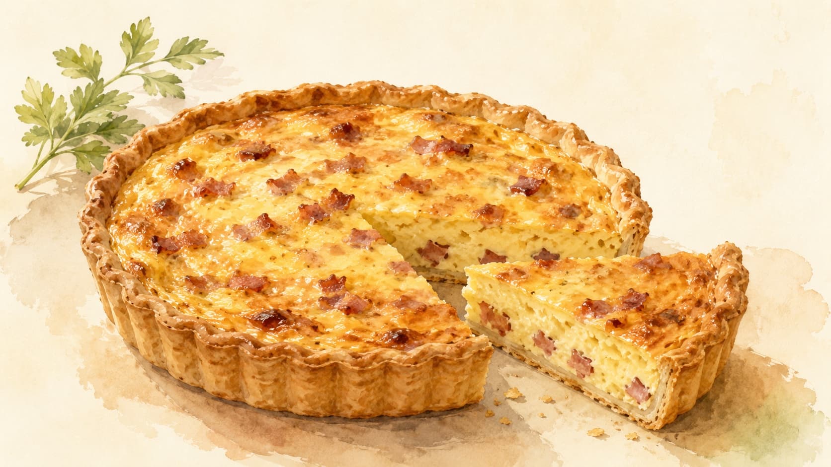 A whole quiche Lorraine, golden-brown surface with a lightly set custard and visible lardons, cooling on a wire rack