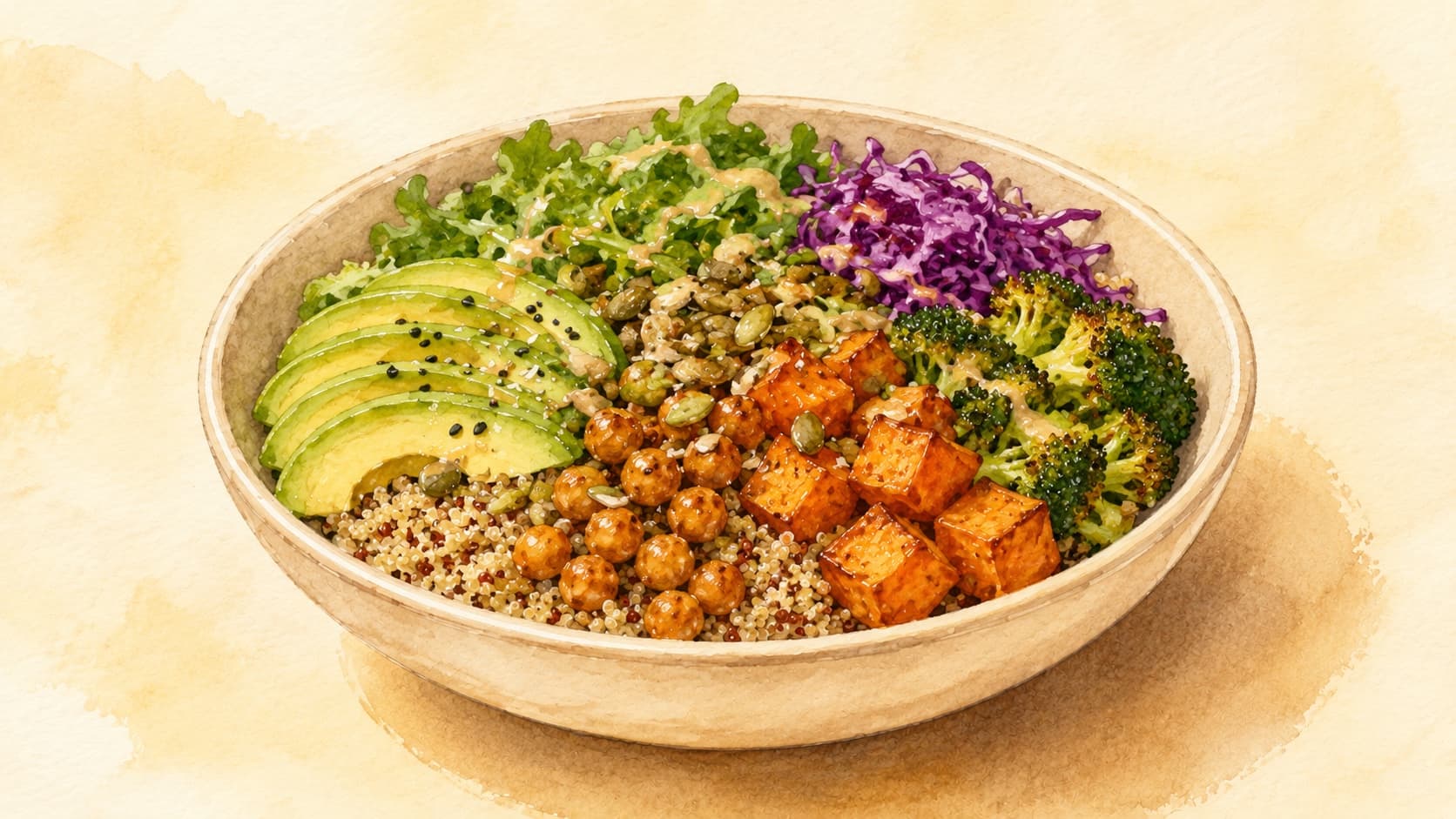 A colorful Quinoa Buddha Bowl filled with fresh vegetables and grains.