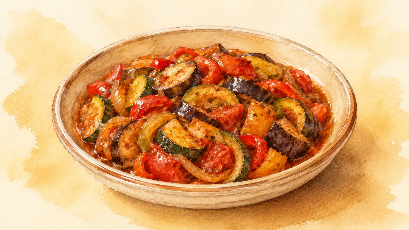 A shallow earthenware dish of cooked ratatouille with visible cubes of eggplant, zucchini, red bell pepper, and tomato — each vegetable retaining its color and shape, glossy with olive oil