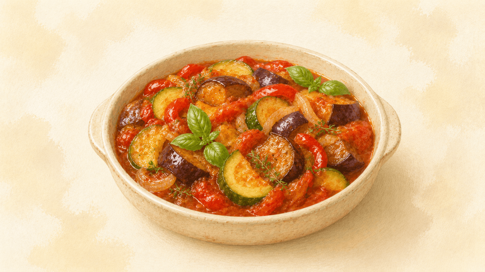 A wide earthenware dish of ratatouille Niçoise, the vegetables arranged in distinct layers, each retaining its color and texture, drizzled with olive oil
