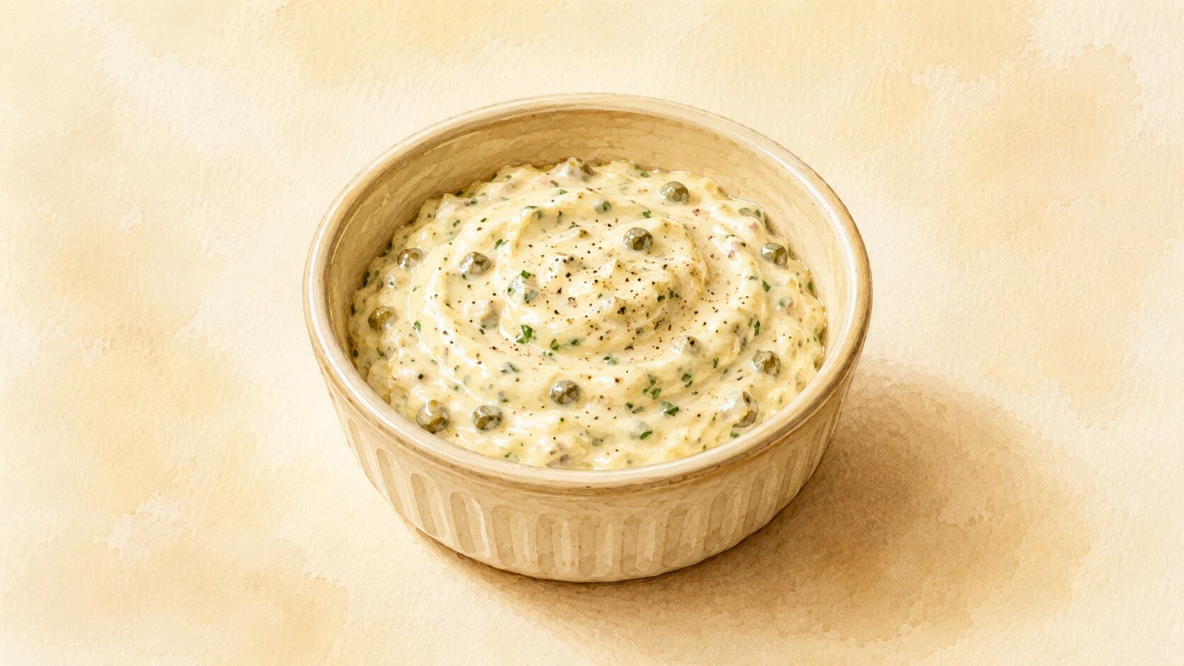 A beautifully illustrated dish of remoulade sauce in a small bowl, surrounded by fresh herbs.