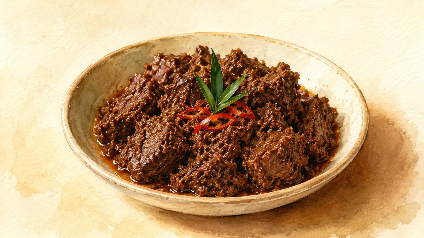 濃厚なスパイスに覆われた艶やかな牛肉の塊が、白いご飯の上に盛り付けられています。