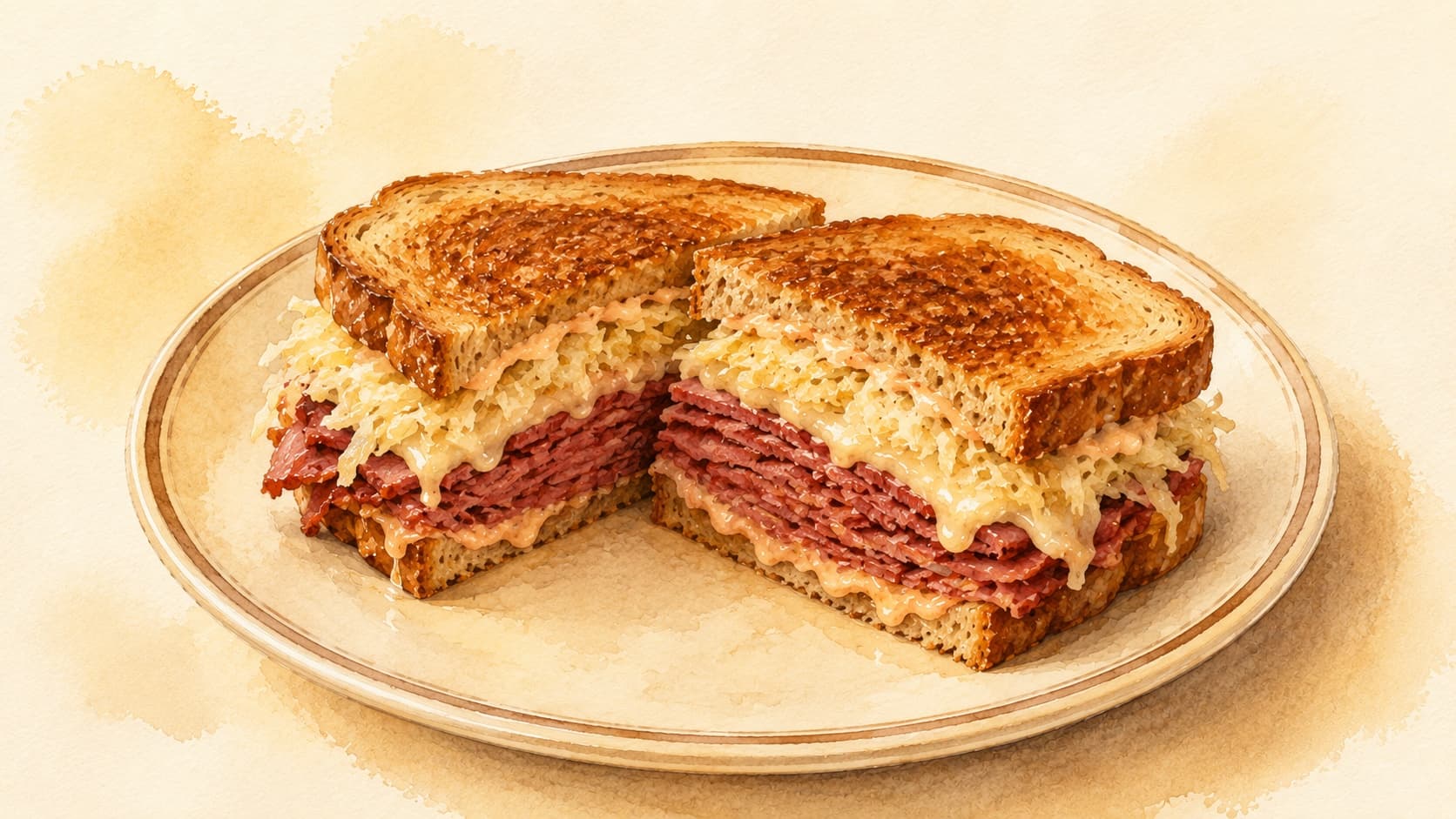 A perfectly grilled Reuben sandwich with golden-brown rye bread and oozing cheese.