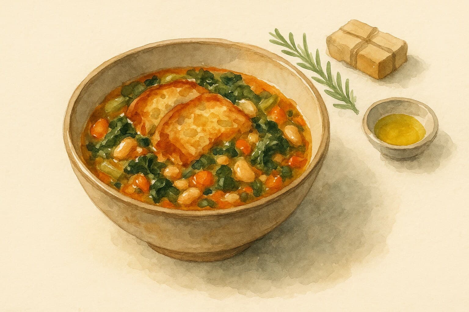 A bowl of ribollita soup garnished with fresh parsley and a drizzle of olive oil.
