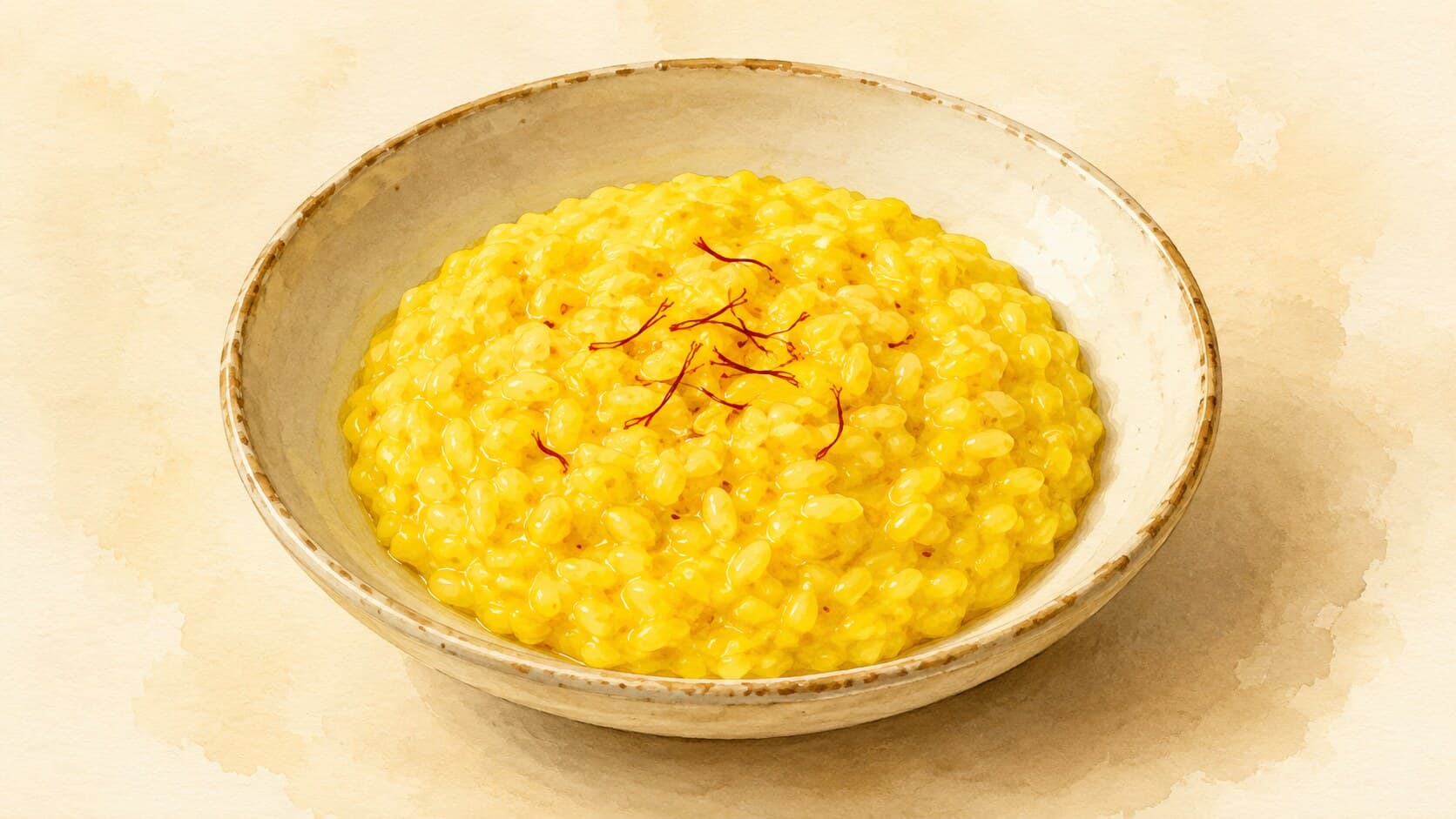 Bright yellow saffron risotto with a single strand of saffron on top.