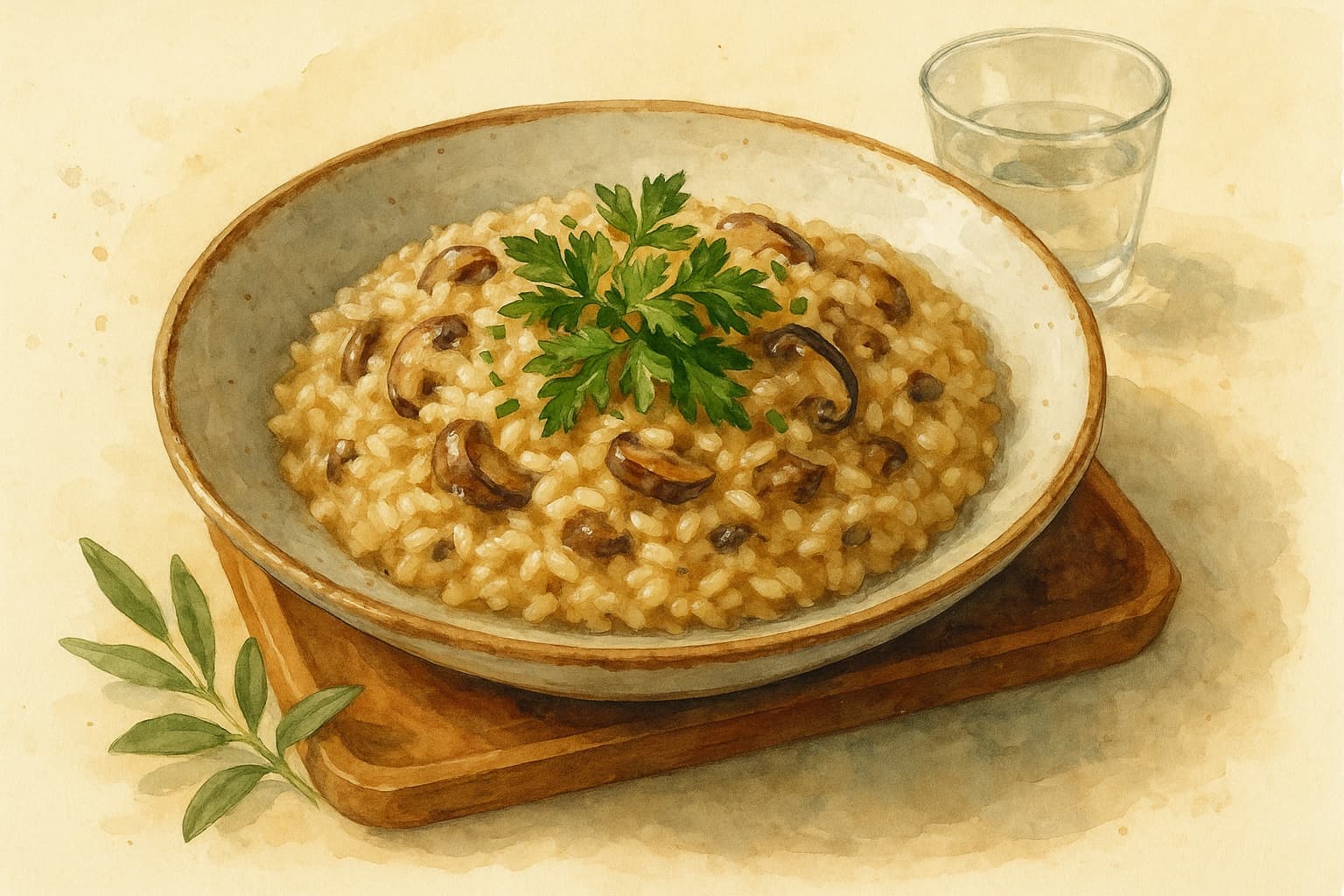 A creamy mushroom risotto garnished with parsley.