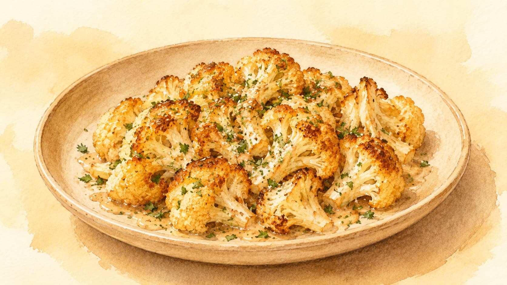 A whole roasted cauliflower with a golden-brown crust, garnished with herbs, on a rustic wooden table.