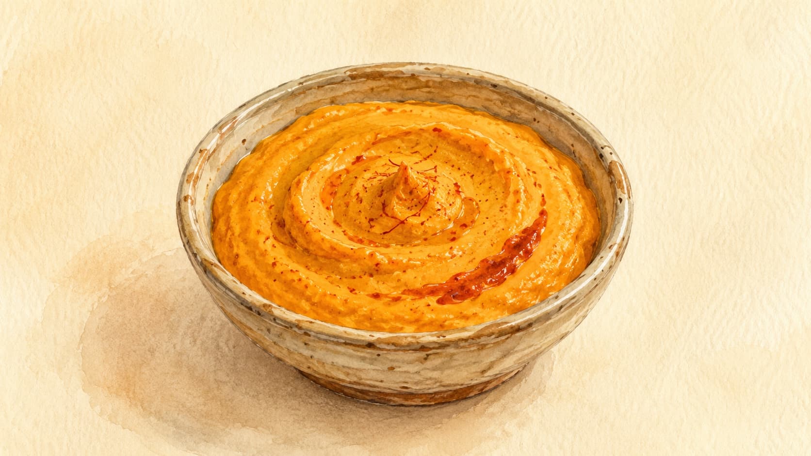 A bowl of roasted red pepper hummus garnished with olive oil, paprika, and fresh herbs.