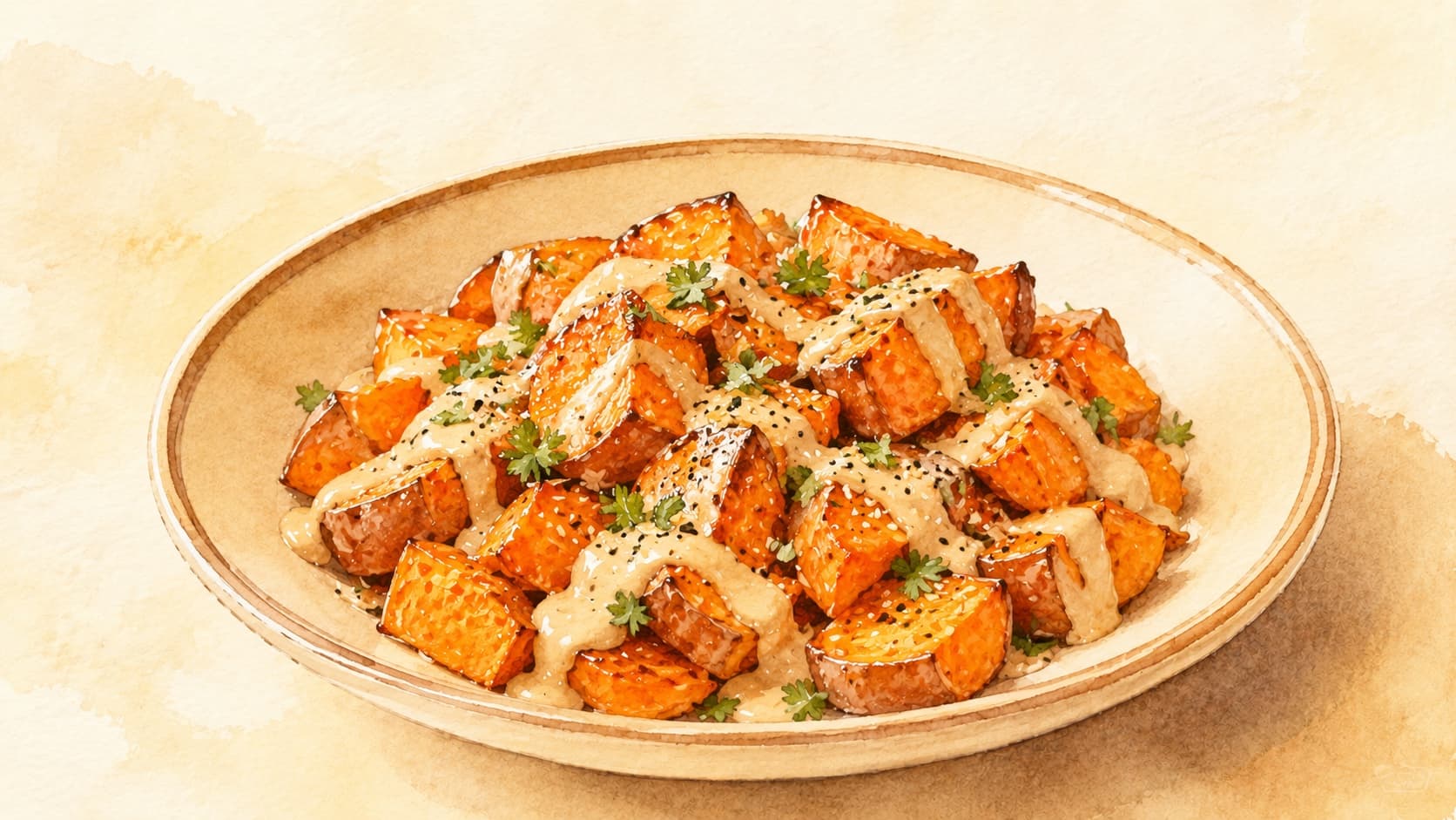 A vibrant watercolor illustration of roasted sweet potatoes topped with tahini sauce and garnished with herbs.