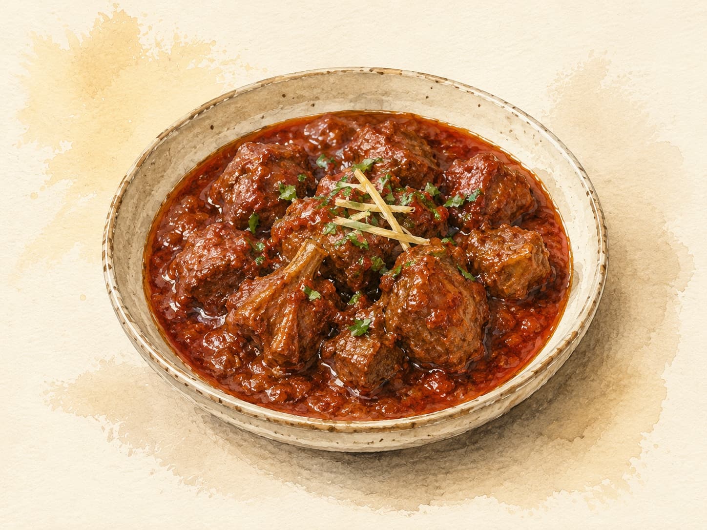 A vibrant red curry with tender pieces of meat and fragrant spices.