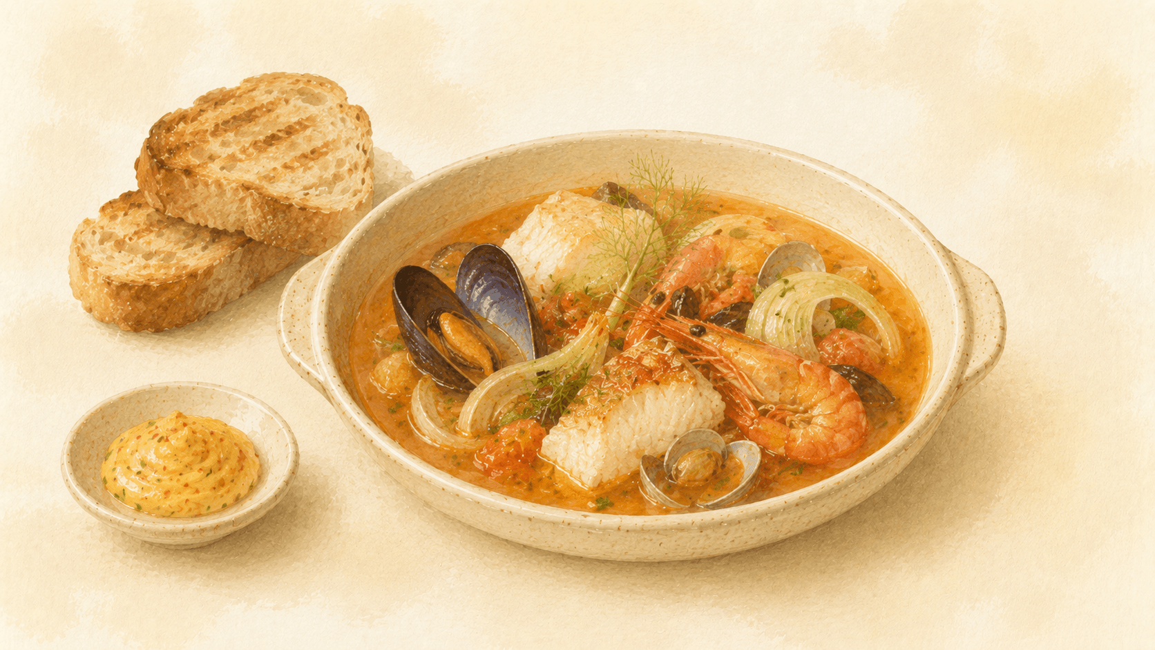 A small ramekin of deep orange-gold rouille beside a bowl of bouillabaisse, crusty bread visible nearby