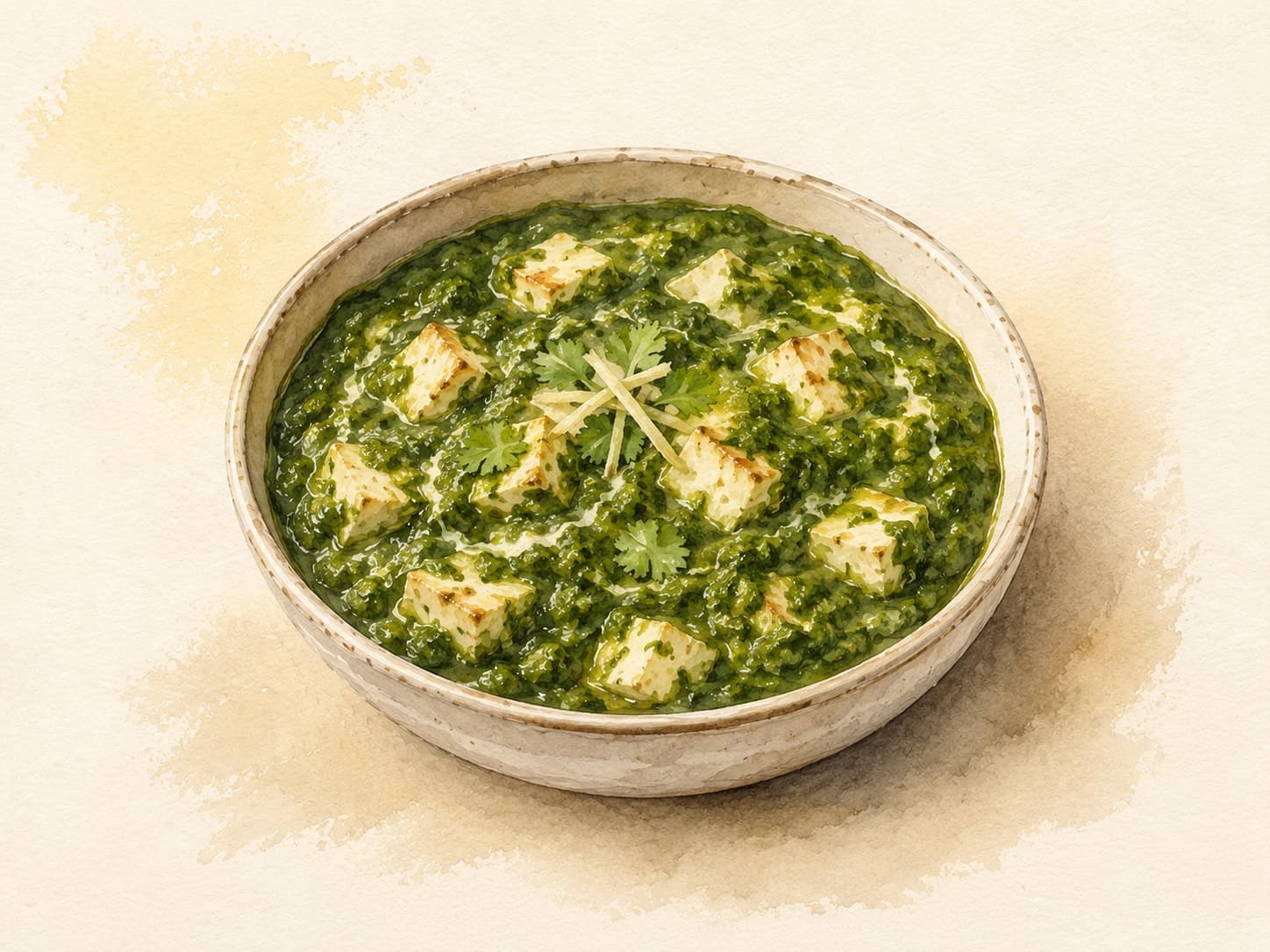 A vibrant green saag paneer served in a traditional bowl.