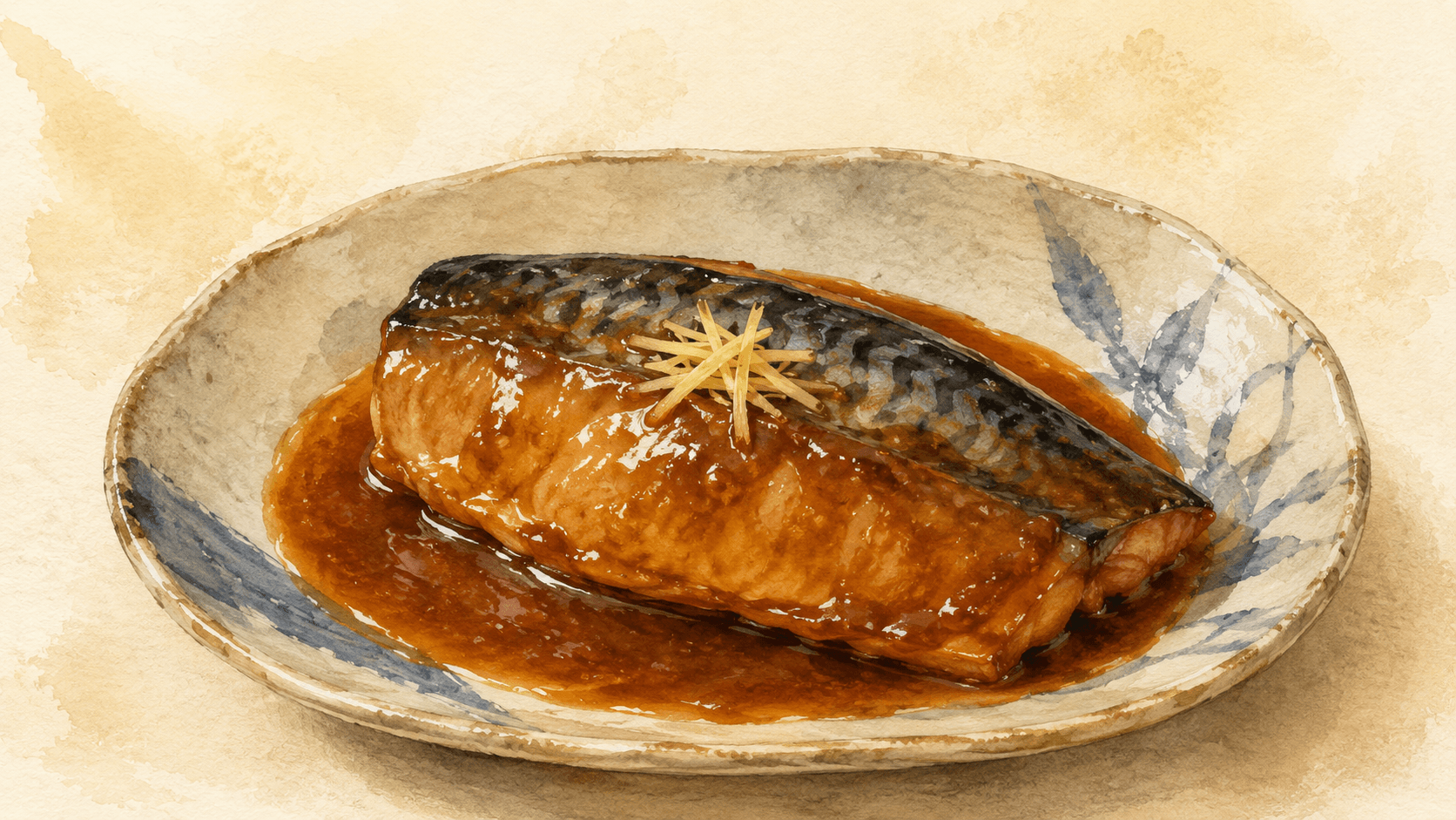 A lacquered bowl of saba miso — mackerel piece in dark miso broth with ginger julienne on top, steam rising