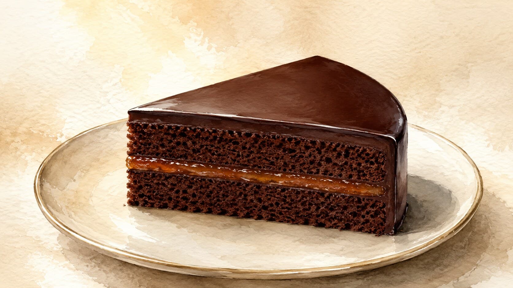 A dense chocolate cake slice featuring a shiny chocolate glaze and a layer of apricot jam.