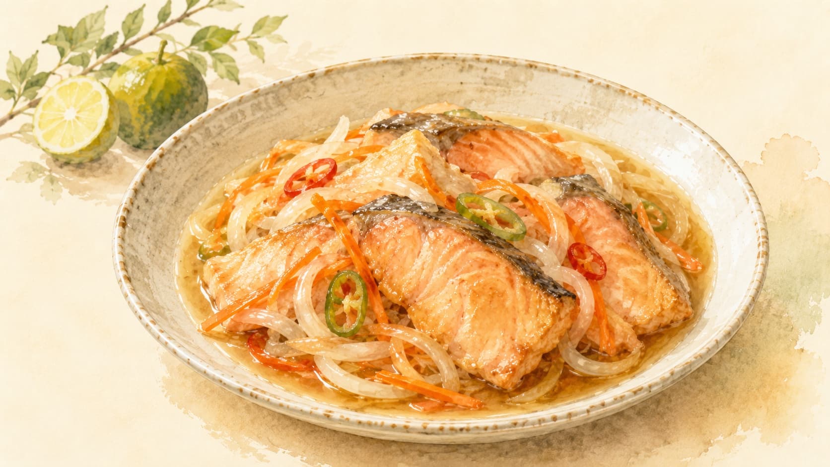 A beautifully arranged plate of vinegar-marinated fried salmon garnished with colorful vegetables.